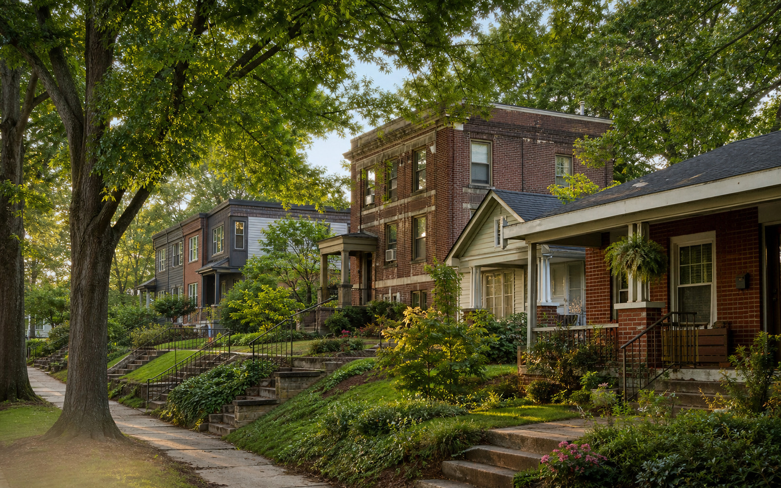 AI-generated editorial concept showing a tree-lined Atlanta-region residential street with brick homes, apartments, porches and stoops; not a specific DeKalb address, funded project or official design.