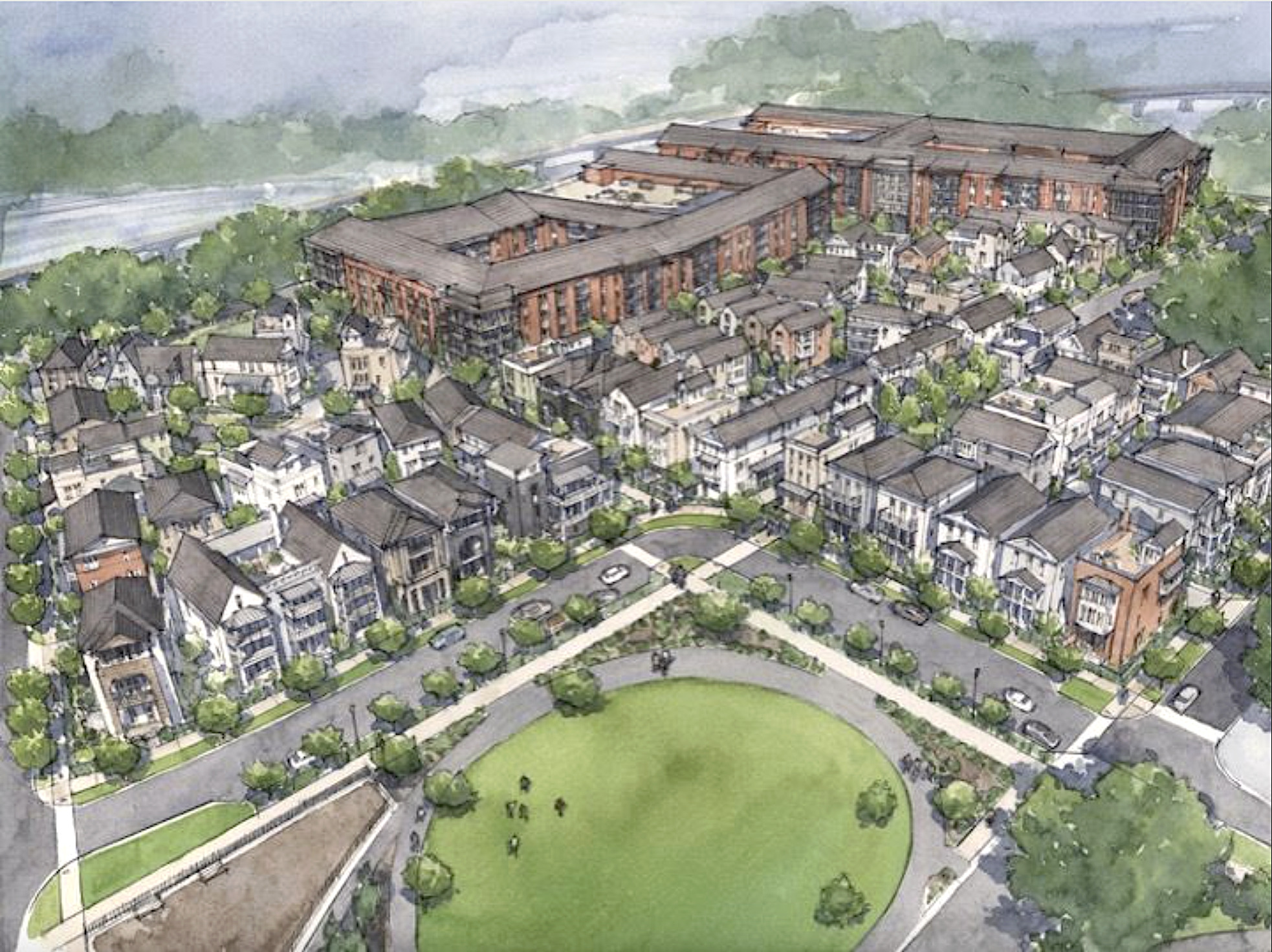 Residential plans for the 13-acre Oak Street site, with Avondale's current Town Green shown at bottom.