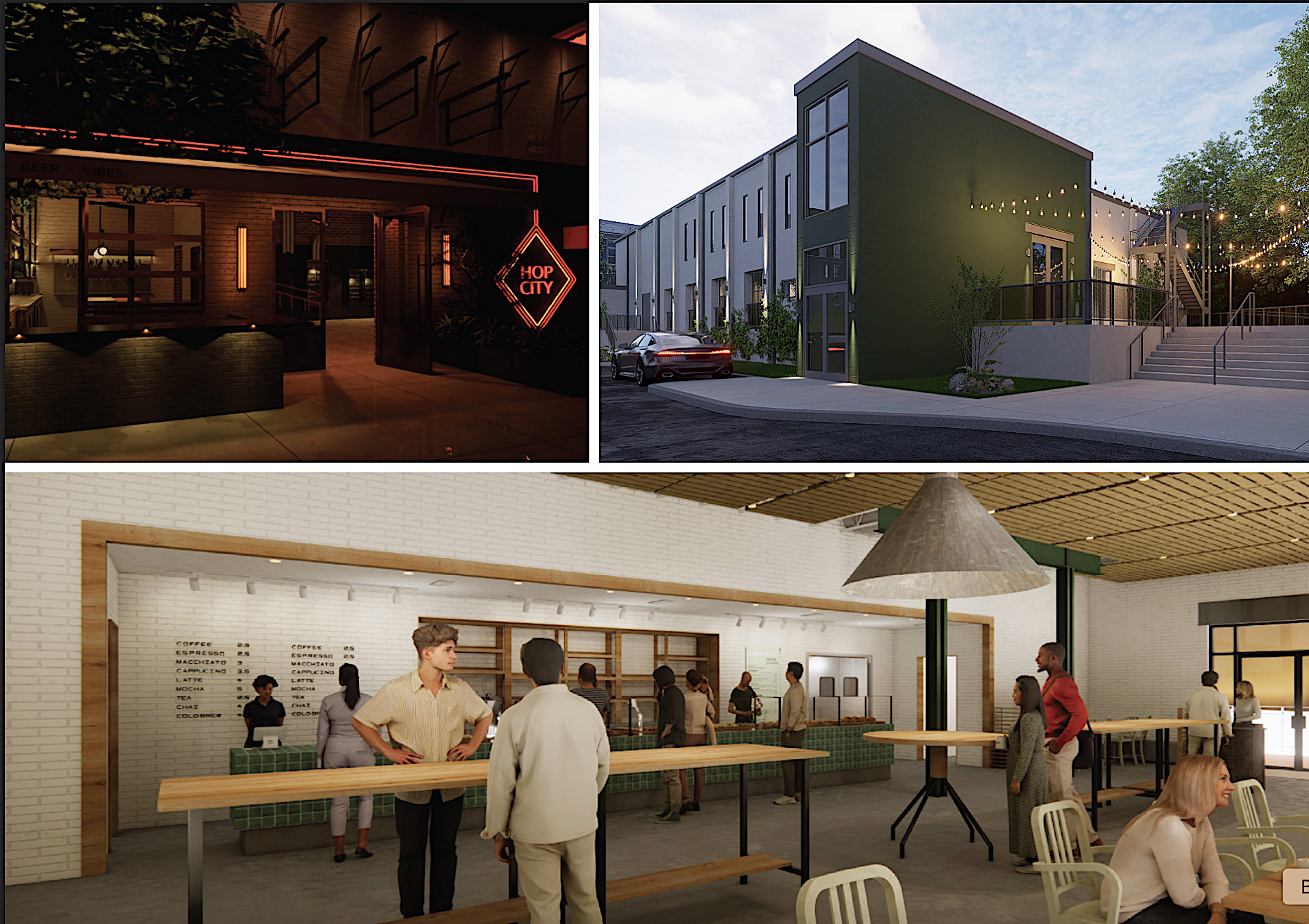 From top left, expected look of Hop City’s Boiler Room, Novare Events’ Westhouse, and Anne Quatrano’s Summerland.