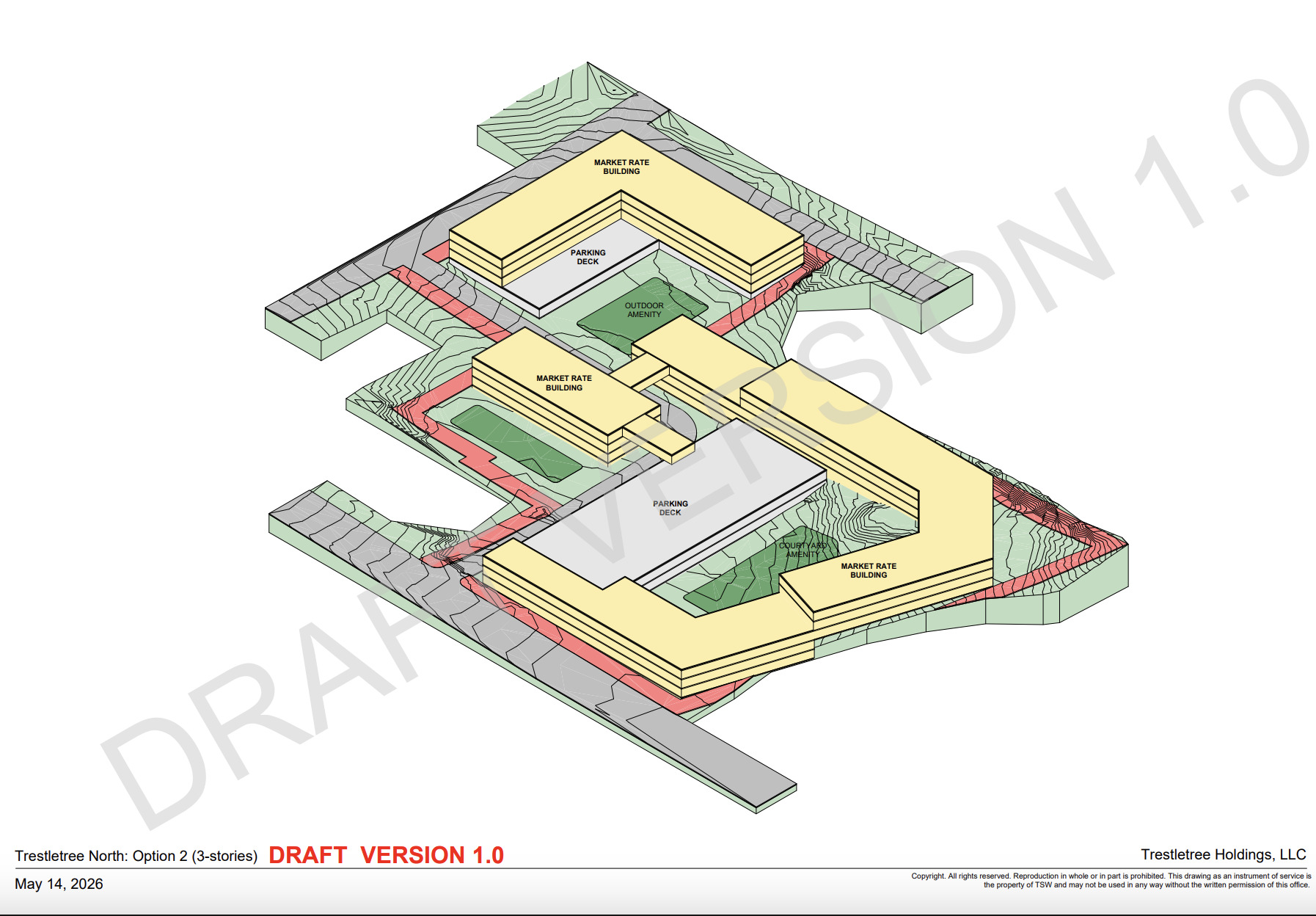 Tentative ideas for massing at the Trestletree Village North section in Grant Park, with the Beltline at bottom.